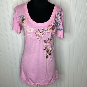 Johnny Was Floral Scoop Neck Pink Tee Size Small